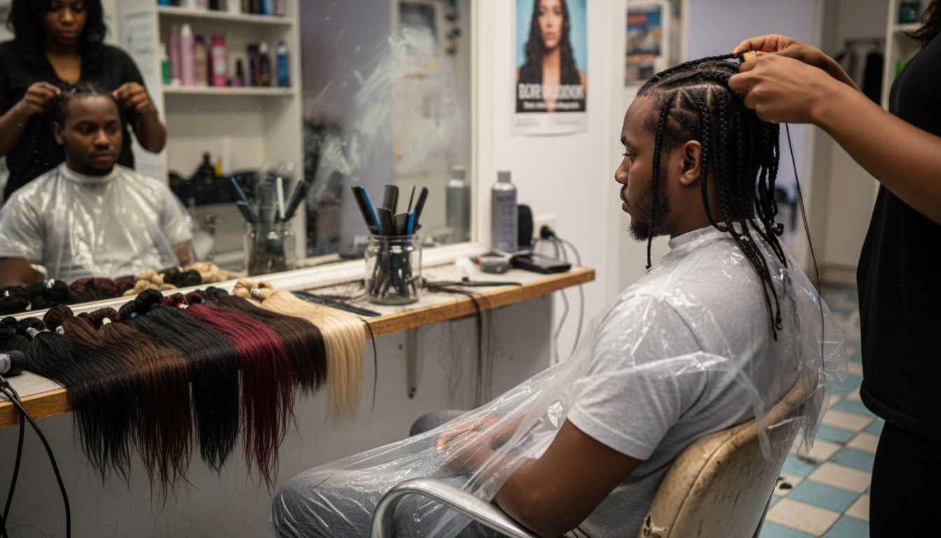 Stylist braiding box braids in Antwerp salon