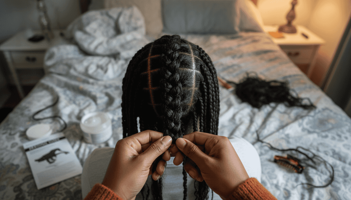 Close-up hands adding synthetic hair to braids