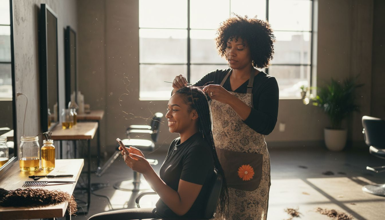 African hair braider preparing healthy protective braids for a client