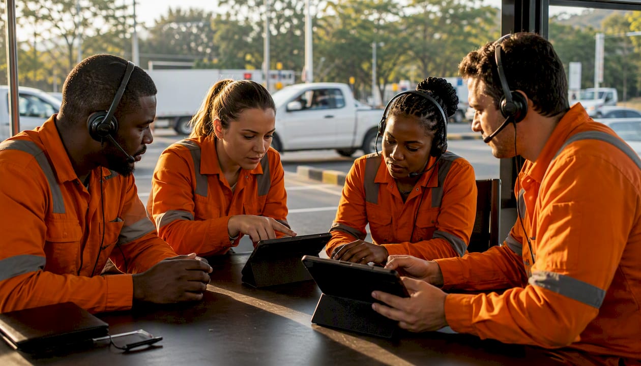 Operators monitoring vehicle tracking alerts in control room