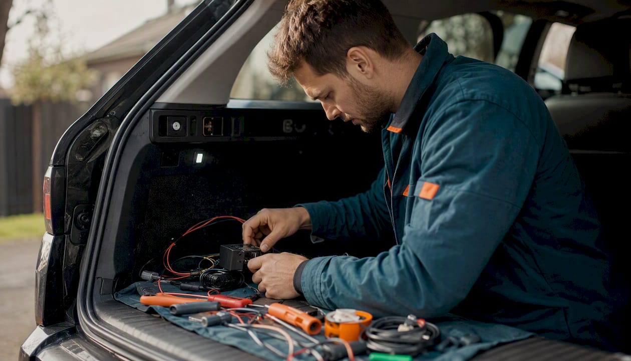 Technician installing tracker inside Land Rover Discovery dashboard