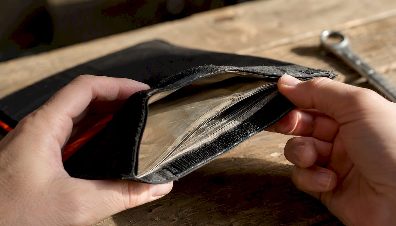 Close-up of Faraday pouch seam and layers