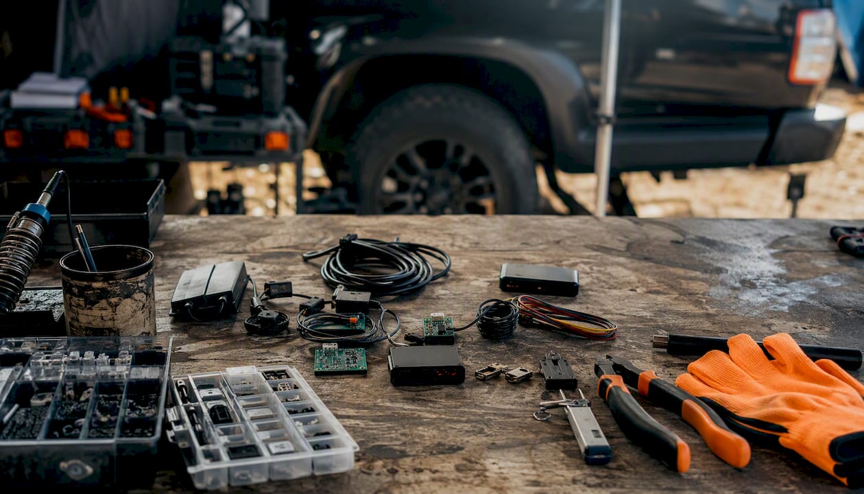 GPS tracker installation tools and components on workbench