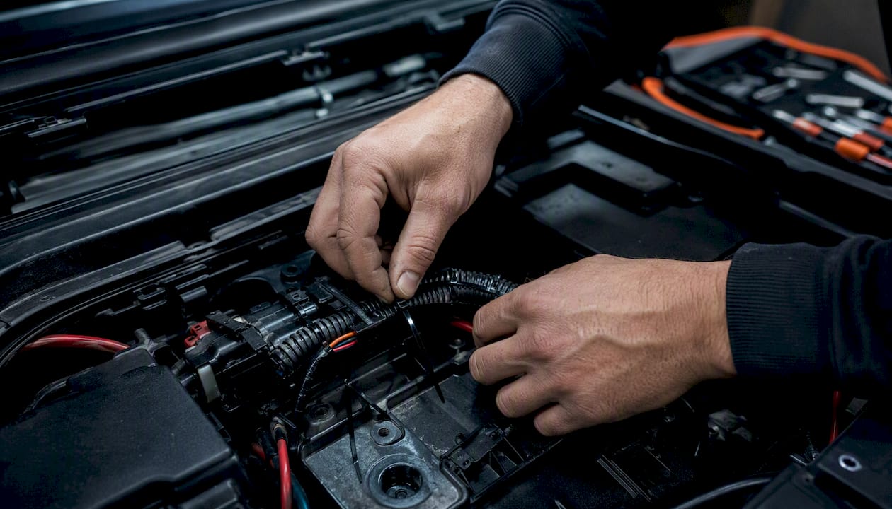 Installer securing tracker wiring under hood