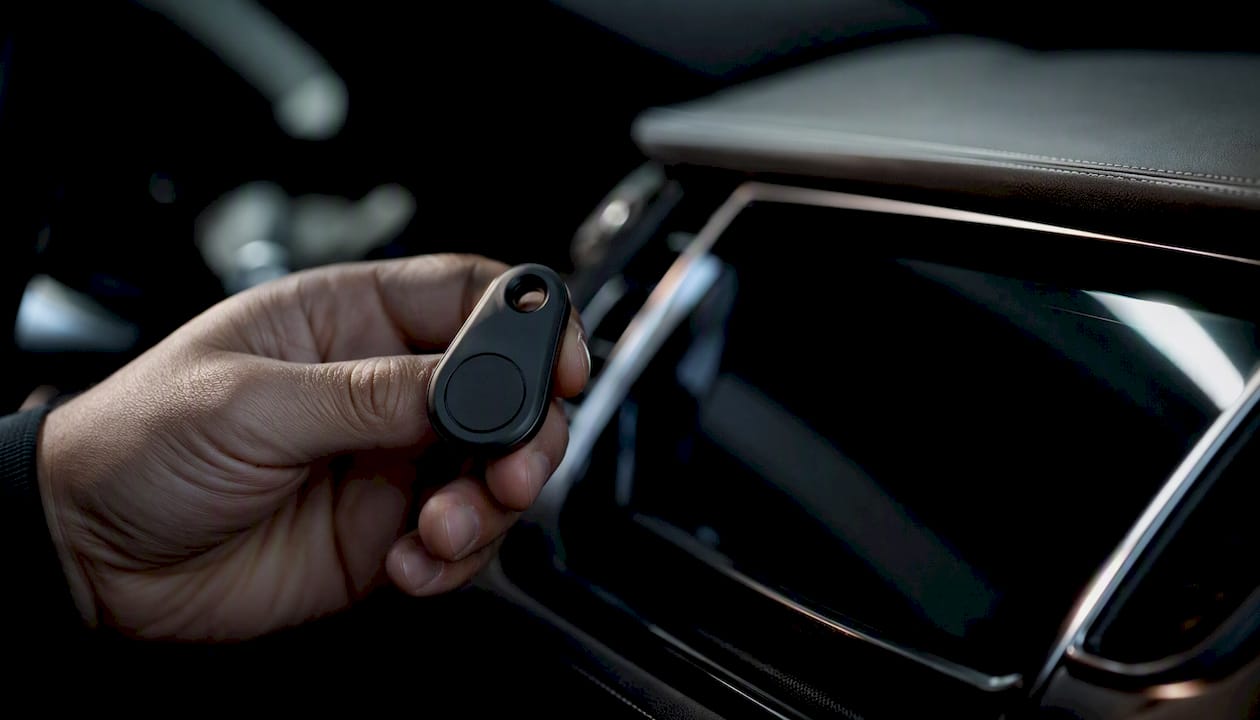 Hand holding driver ID token near vehicle ignition