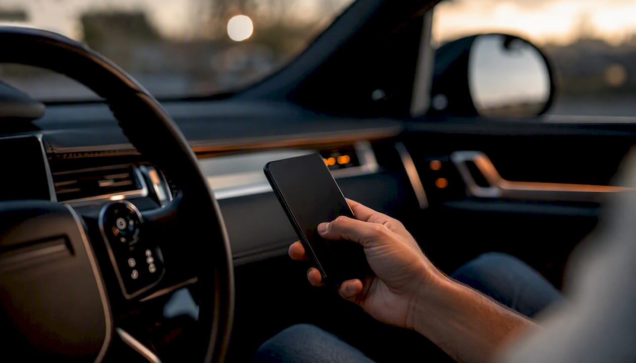 Hand holding smartphone inside vehicle