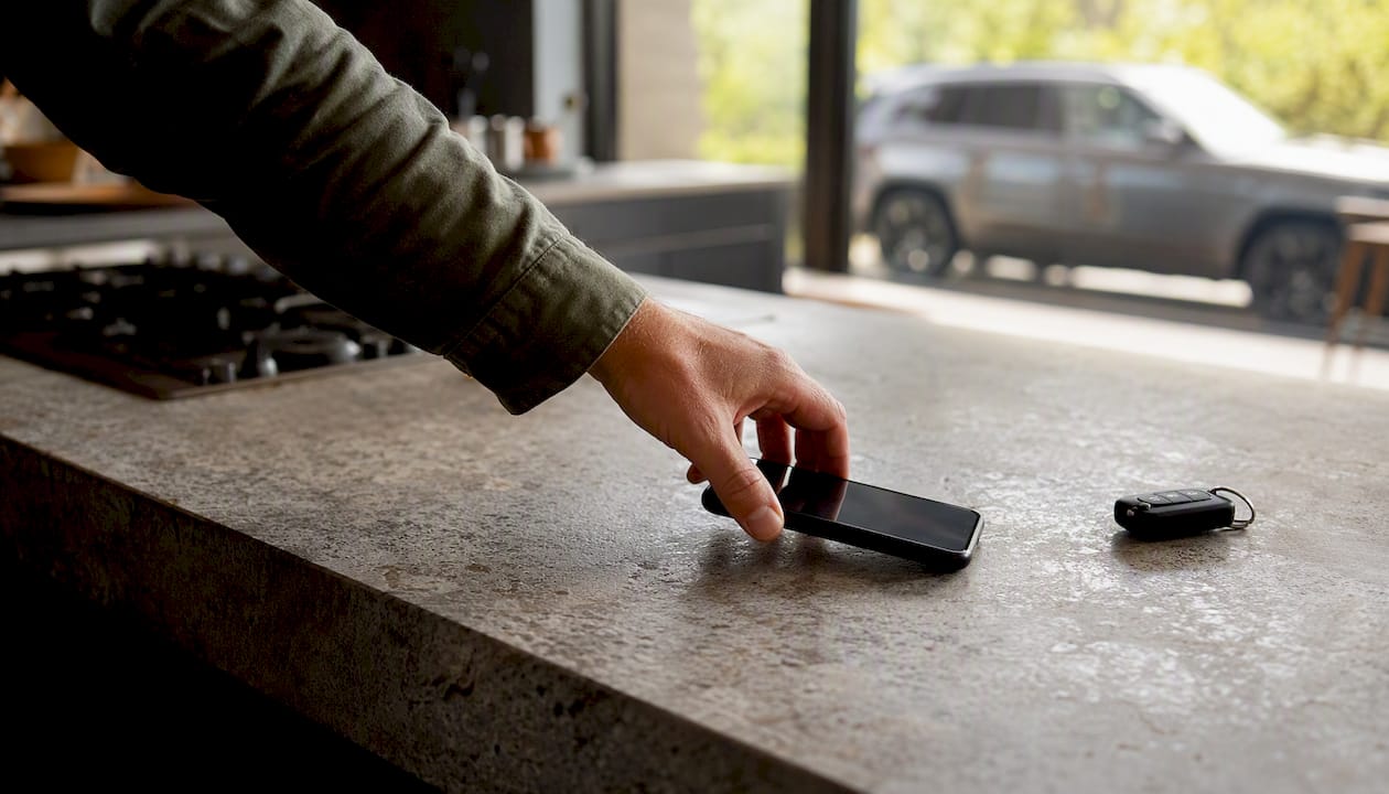 Hand picking up phone with vehicle tracker alert