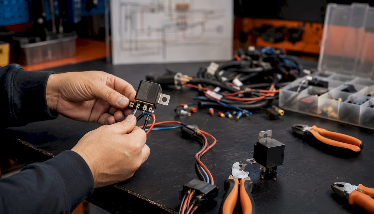 Hands holding automotive relay and wires