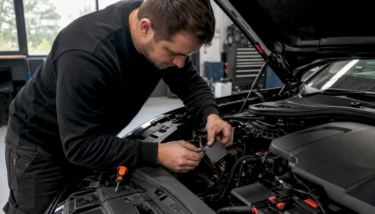 Technician fitting ADR antenna in engine bay