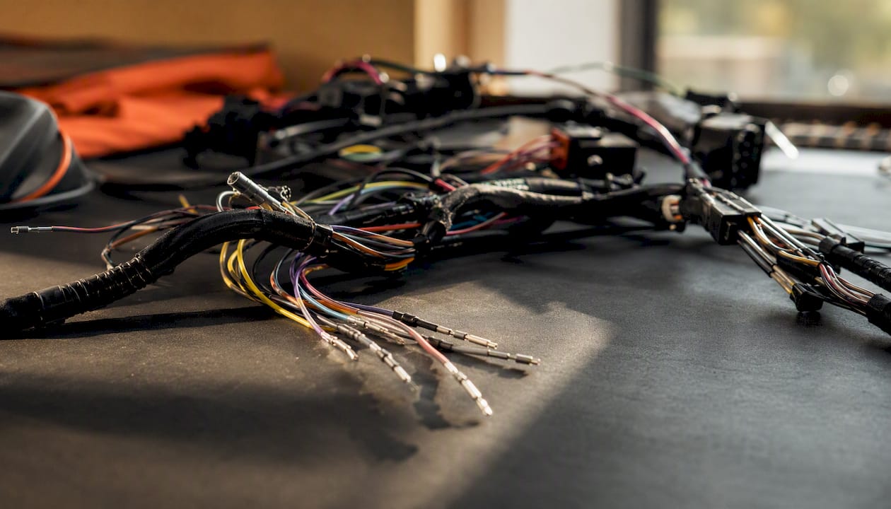 Close-up Land Rover wiring loom