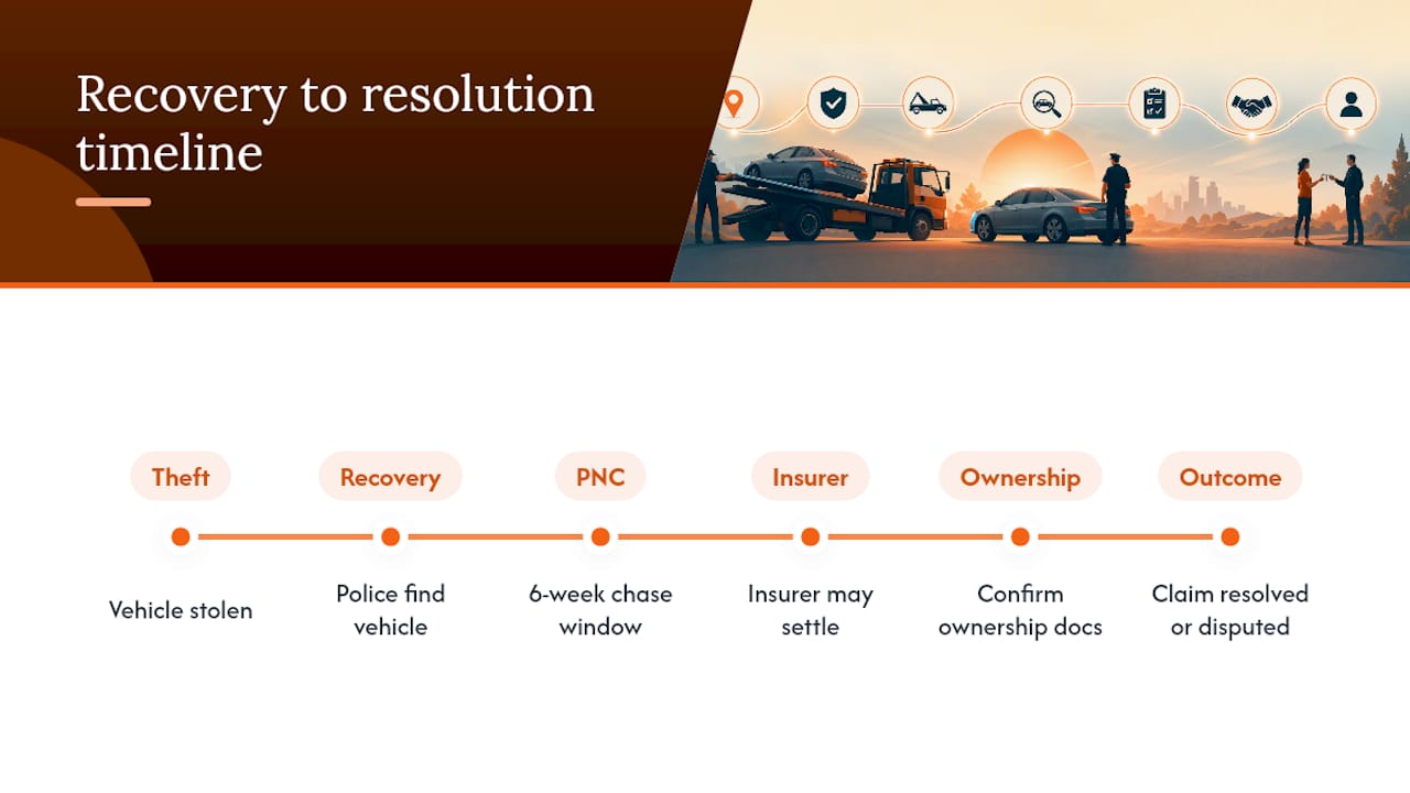 Timeline of stolen to recovered car process and claim steps
