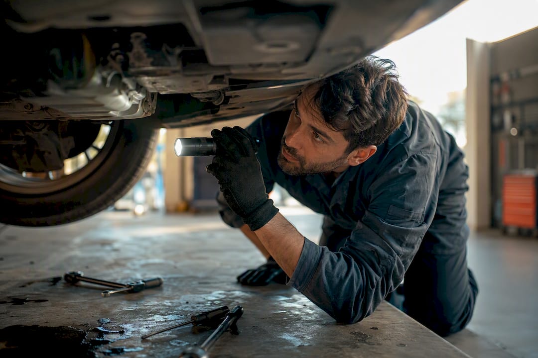 Mechanic inspecting vehicle underside in garage