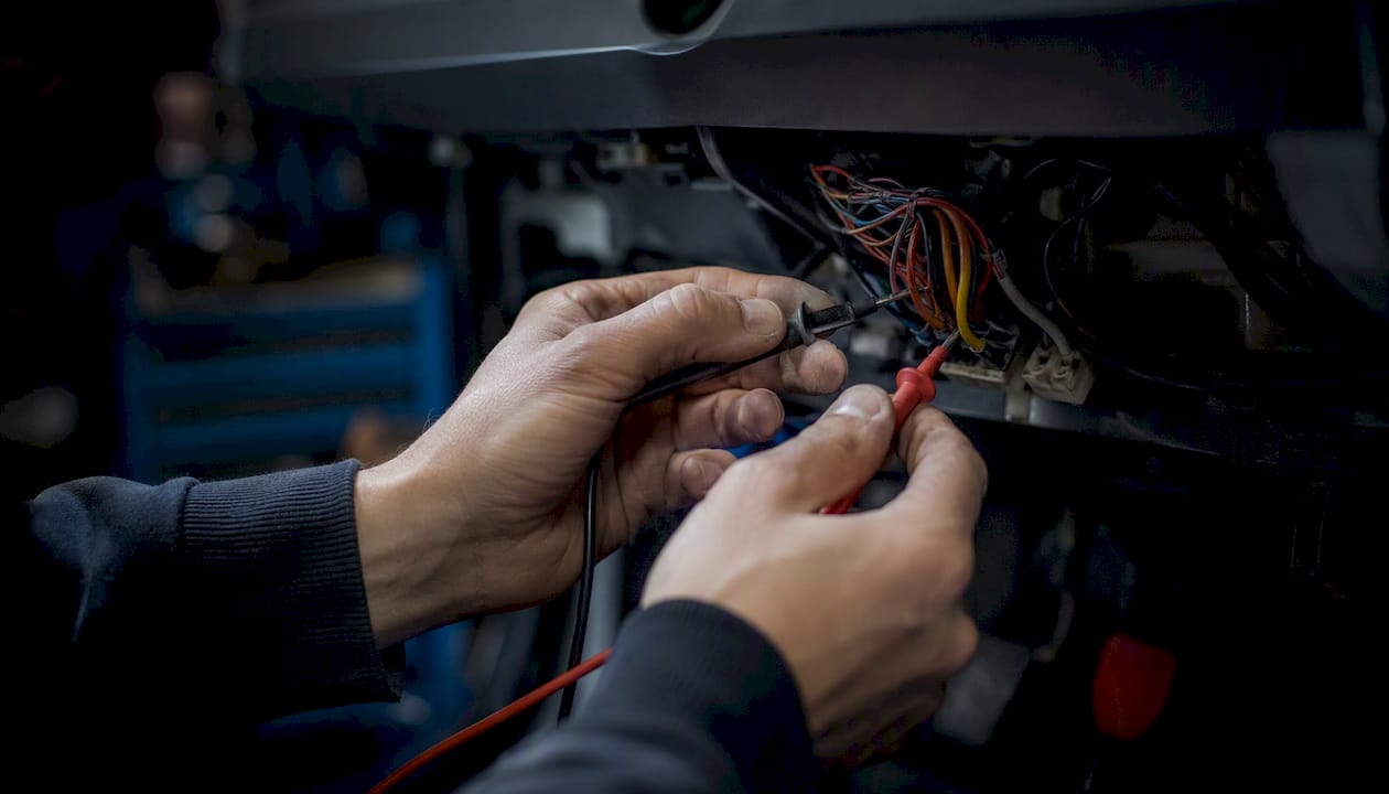 Technician testing immobiliser wiring under dashboard