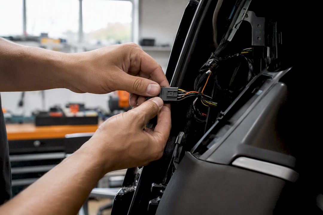 Hands connecting automotive electronic adapter plug