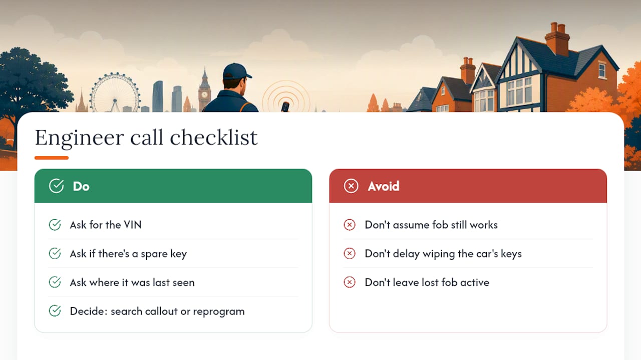 Engineer checklist: what I ask when an owner calls about a lost fob — overview diagram