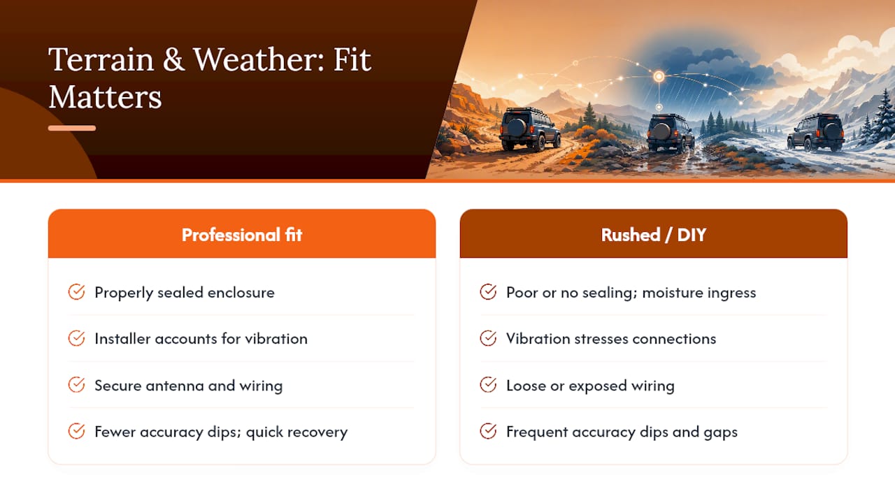 How rugged terrain and extreme weather affect tracker performance — overview diagram
