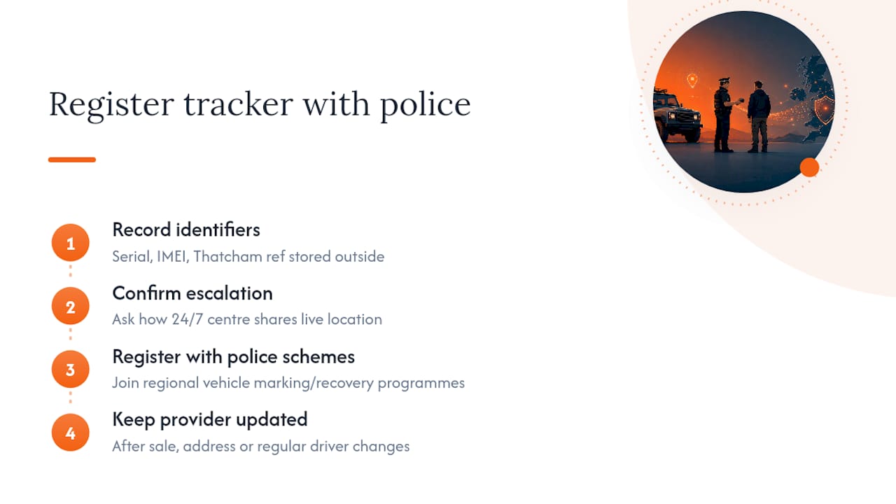 Steps to register your tracker with police and recovery services — overview diagram
