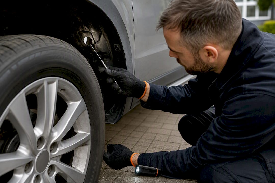 Technician inspecting vehicle wheel arch