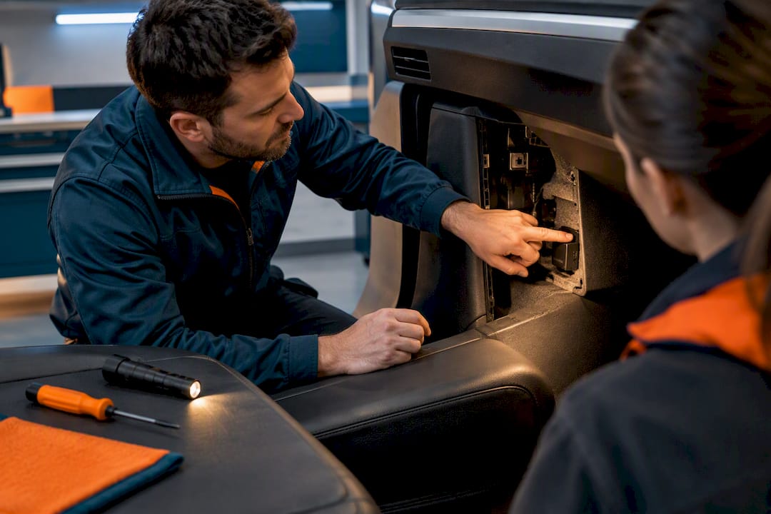Installer demonstrating concealed backup tracker