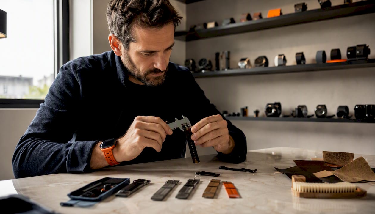 Un homme prend les mesures du bracelet QuickFit de sa montre Garmin.