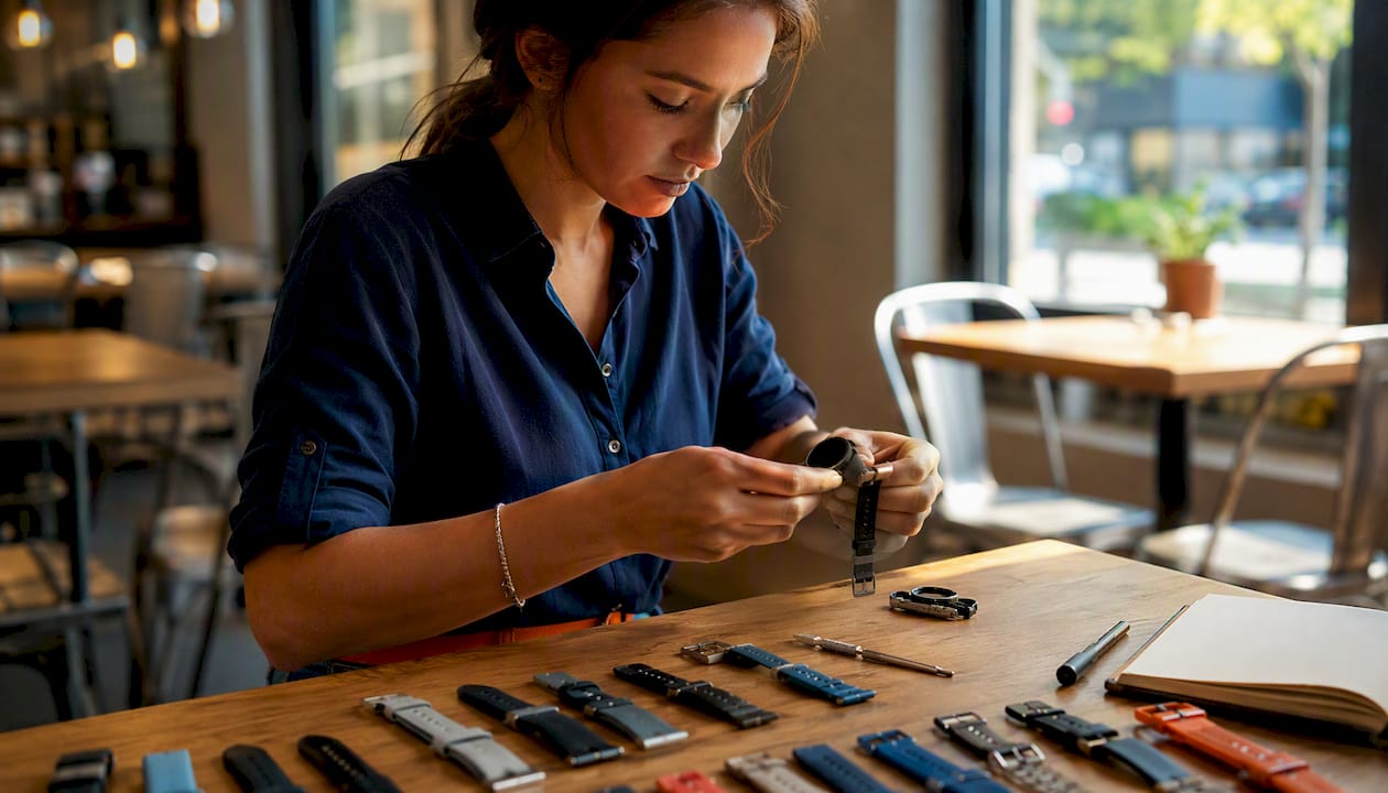 Des mains examinent et comparent les bracelets Garmin QuickFit et Quick Release pour en apprécier les différences.