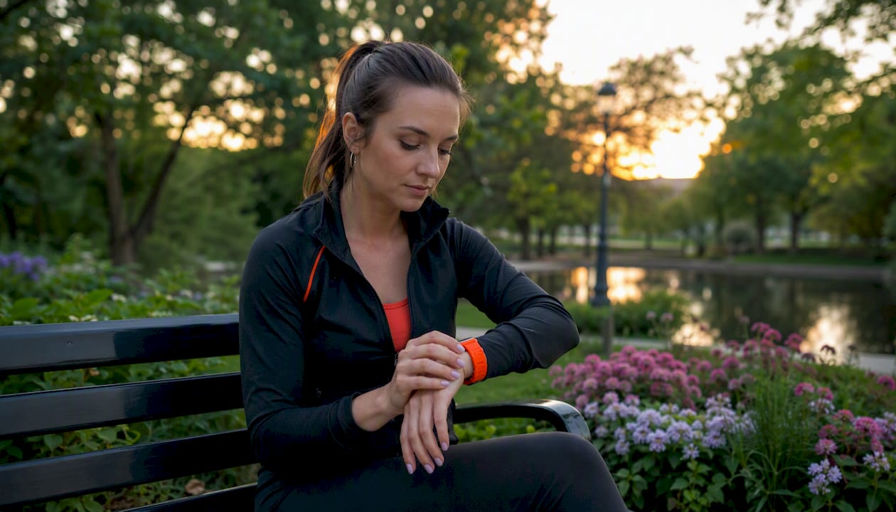 Une femme règle son Apple Watch en pleine journée de travail, assise à son bureau.