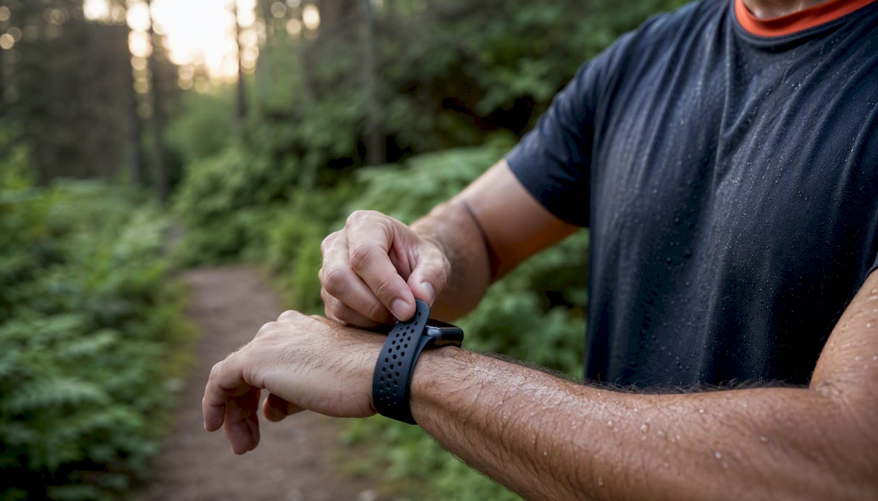 Un sportif ajuste son bracelet magnétique en silicone avant l’entraînement.