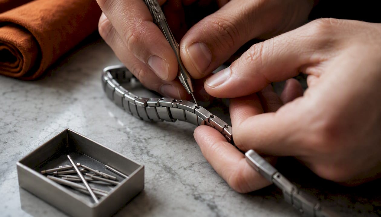 Des mains s'affairent à régler un bracelet en titane à l'aide d'un petit outil, posé sur la table.