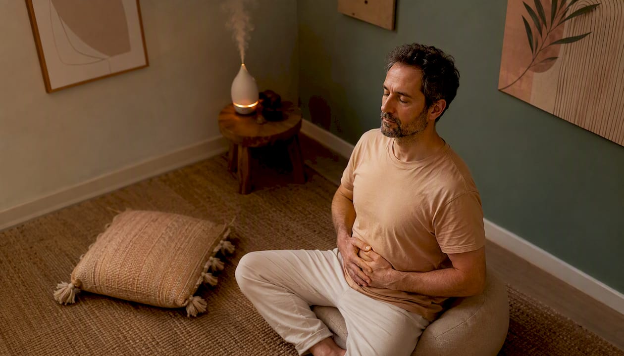 Un homme pratique la respiration abdominale lors d’une séance en cabinet.