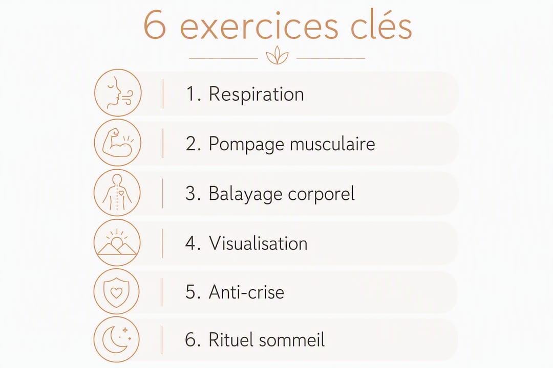 Visuel présentant 6 exercices de sophrologie pour mieux gérer le stress