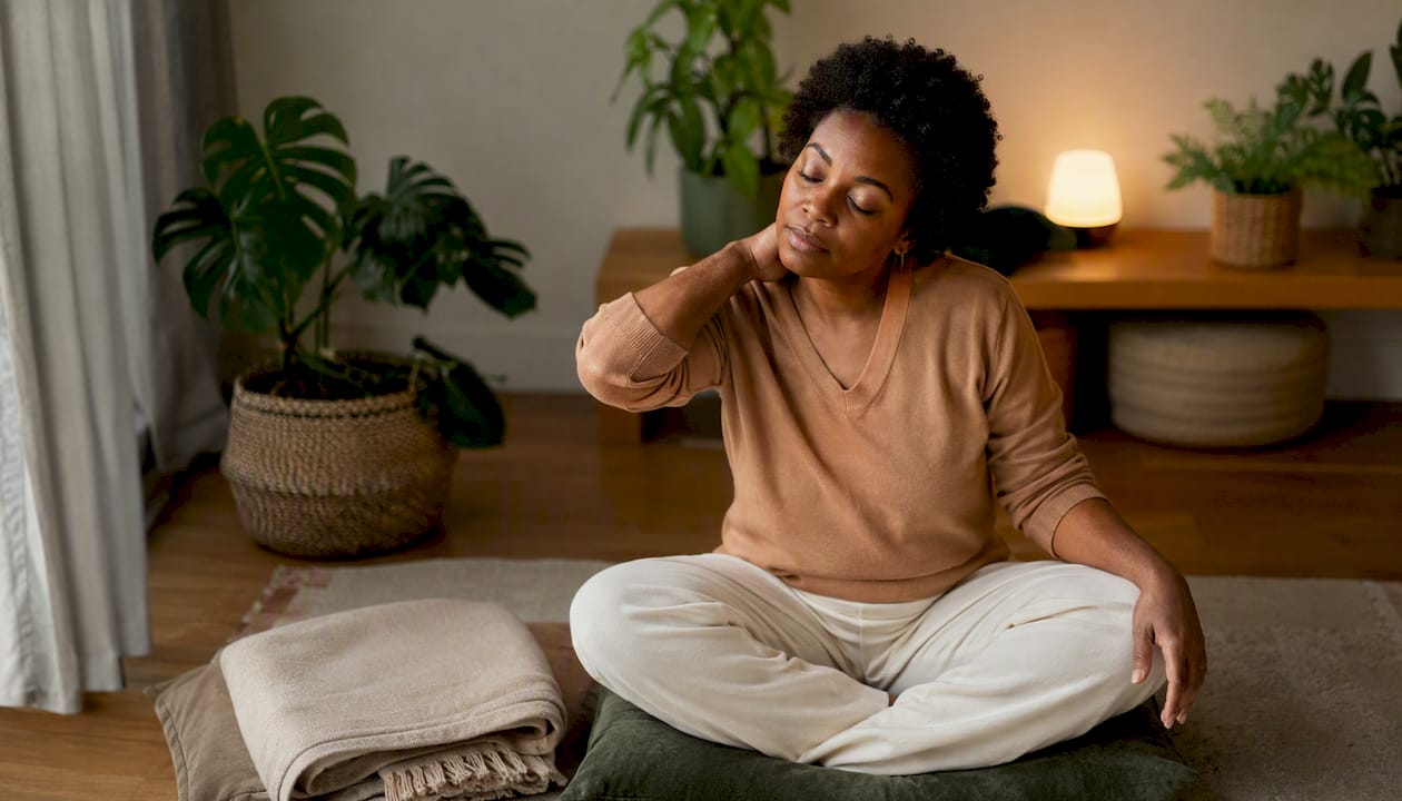 Une femme relâche les tensions dans ses épaules grâce à des exercices de relaxation active.