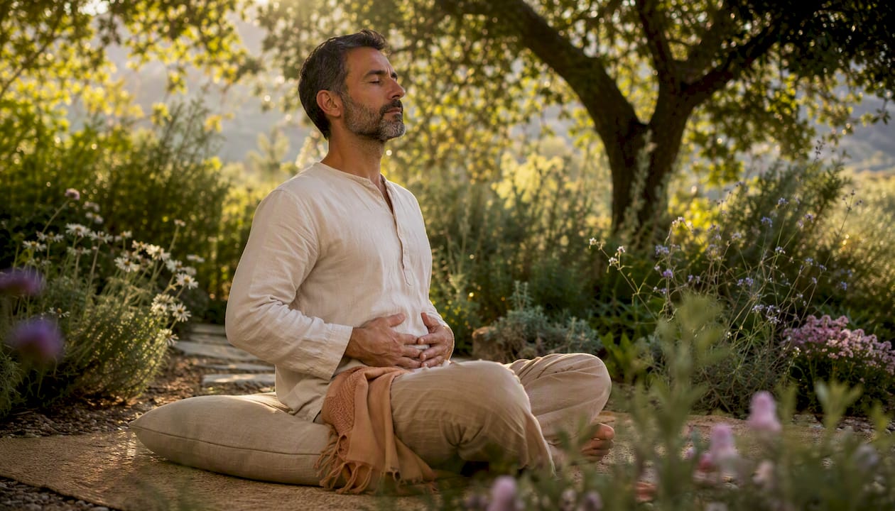 Un homme assis, respirant calmement avec le ventre, pleinement détendu.