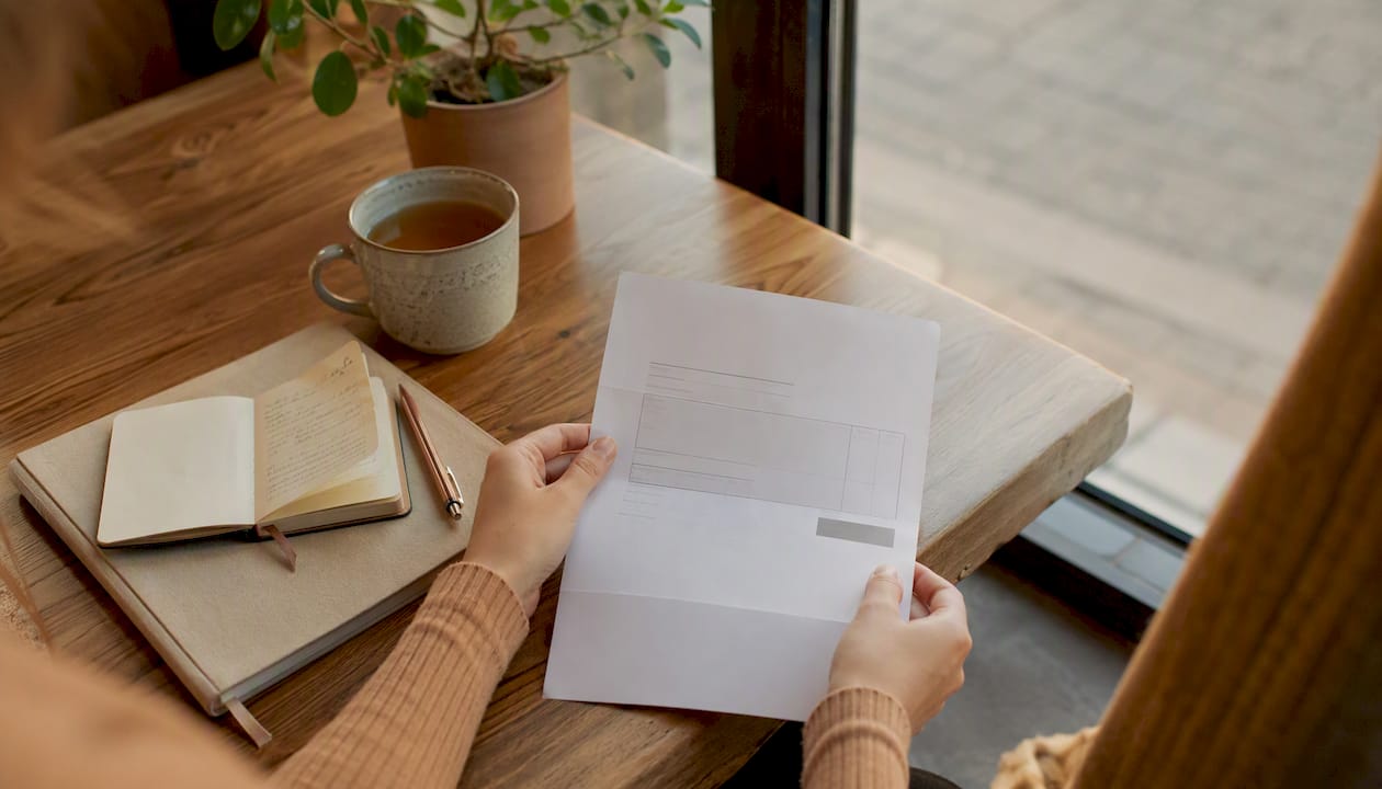 Des mains tiennent une facture de séance de sophrologie, accompagnée d'une calculatrice.