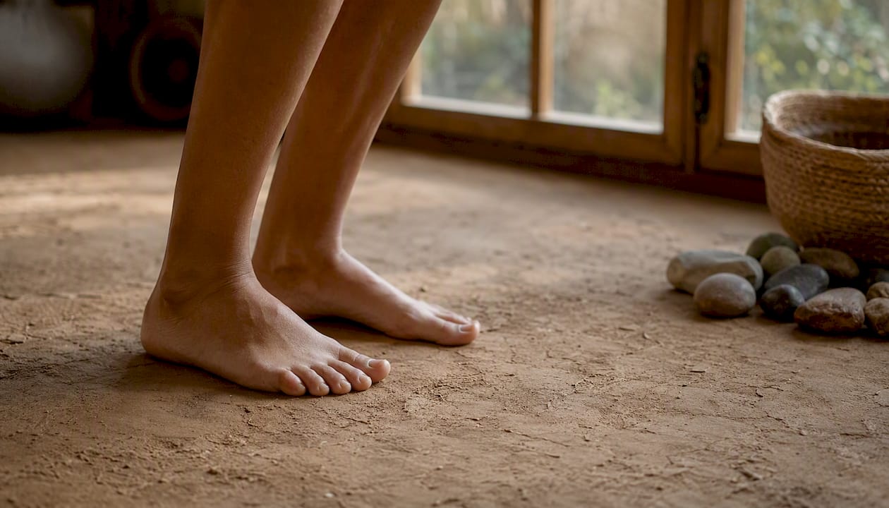 Le contact des pieds nus sur le parquet apporte une sensation d’ancrage et de connexion à l’instant présent.