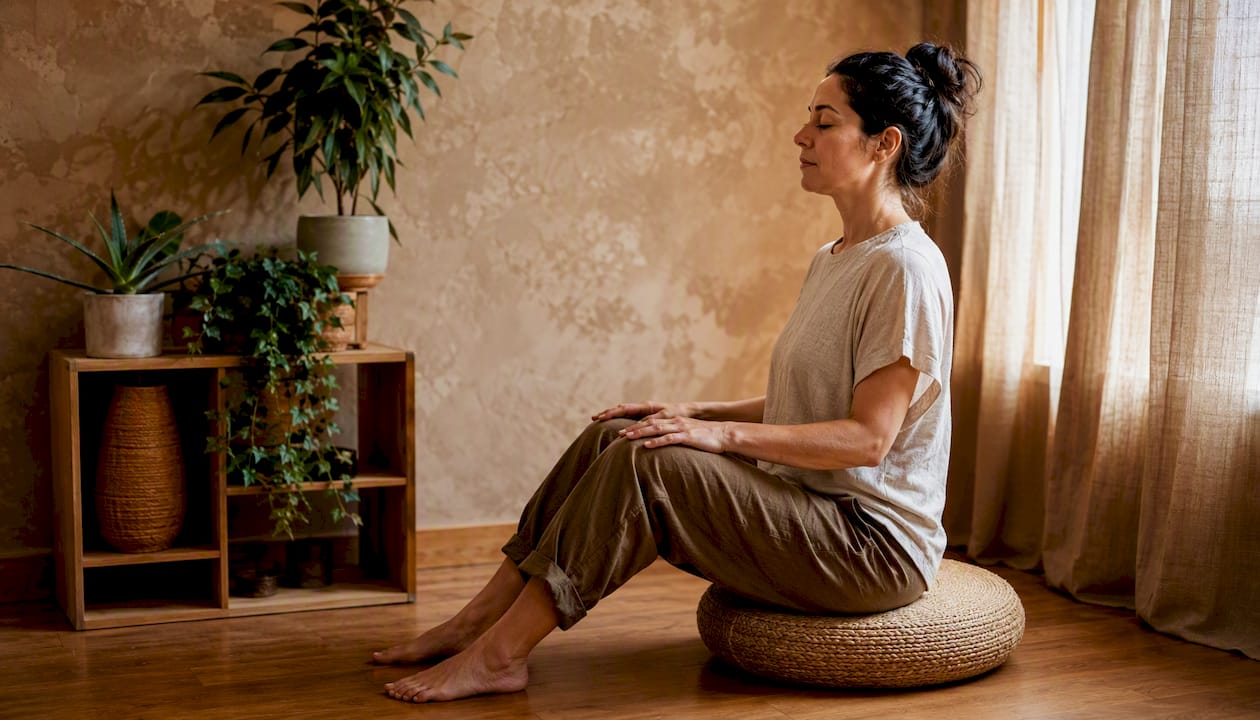 Une personne assise sur un coussin, prenant le temps de respirer lentement pour se détendre.