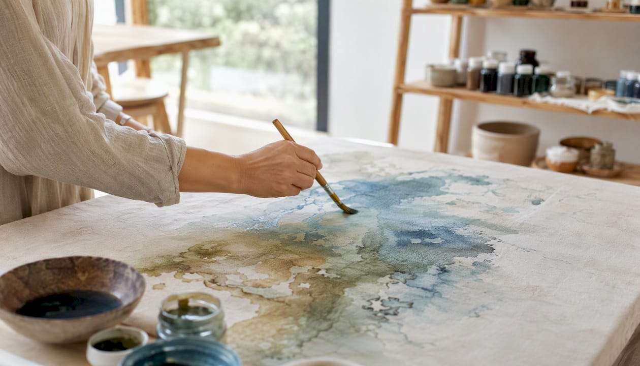 Des mains s’activent pour créer une œuvre abstraite à l’aquarelle.