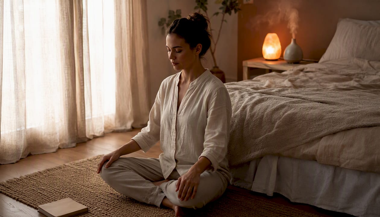 Une personne s’accorde un moment de détente en pratiquant des exercices de respiration dans une chambre paisible.