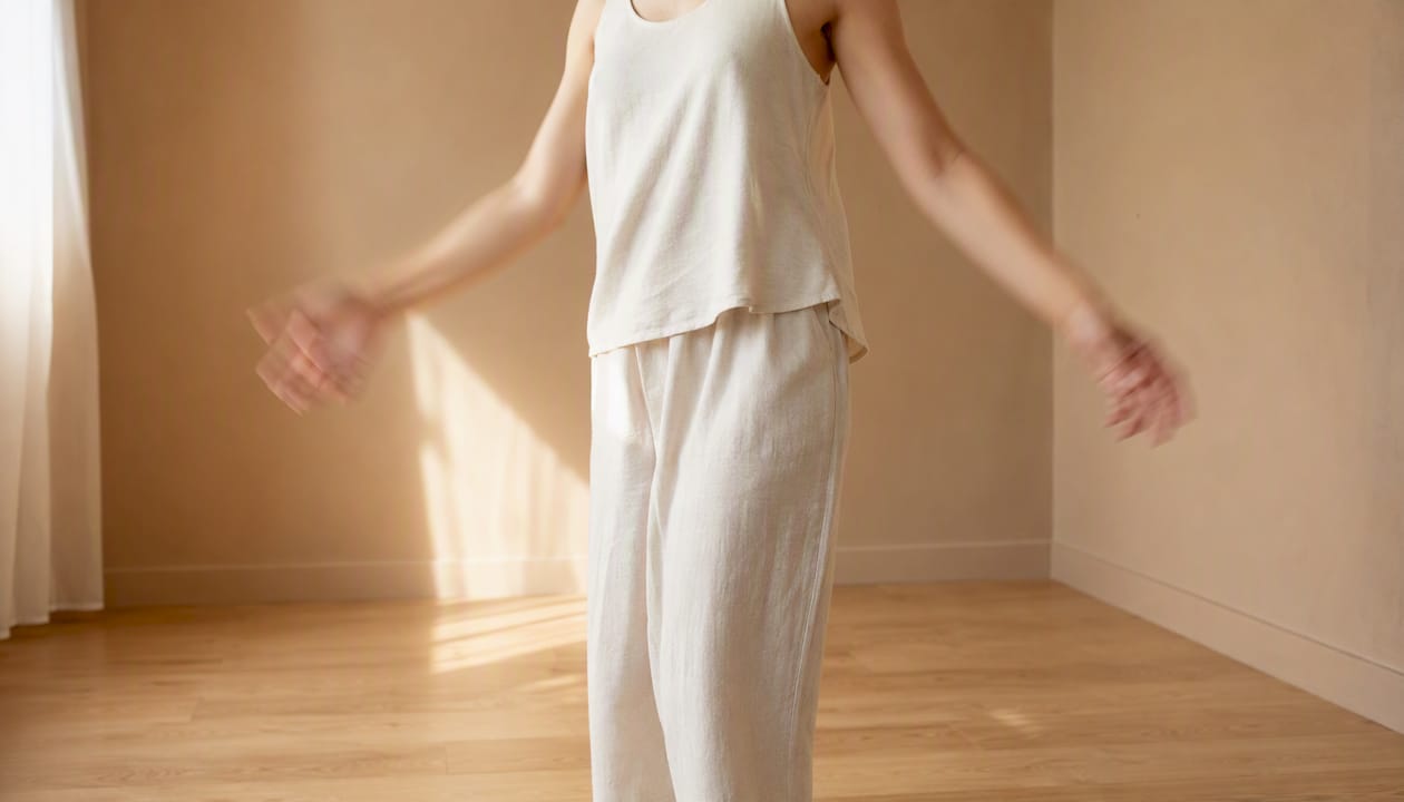 Debout, la personne secoue doucement les bras pour détendre ses muscles.