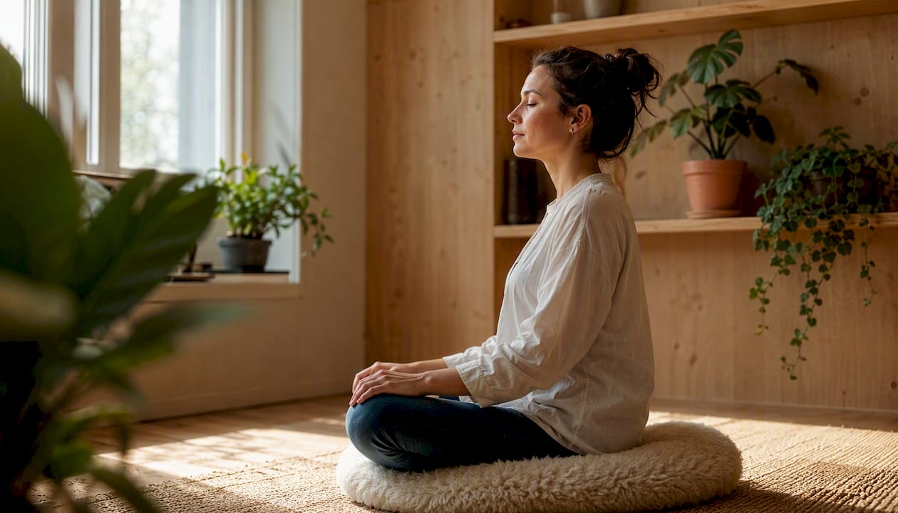 Une personne qui prend quelques minutes pour faire des exercices de respiration, assise à son bureau.