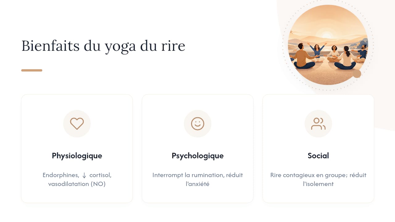 Schéma illustrant les bienfaits du yoga du rire sur la gestion du stress