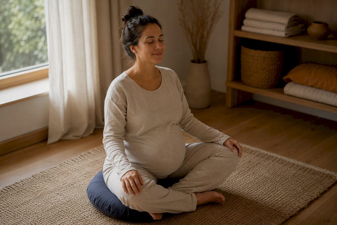 Femme enceinte pratiquant un exercice de sophrologie relaxante