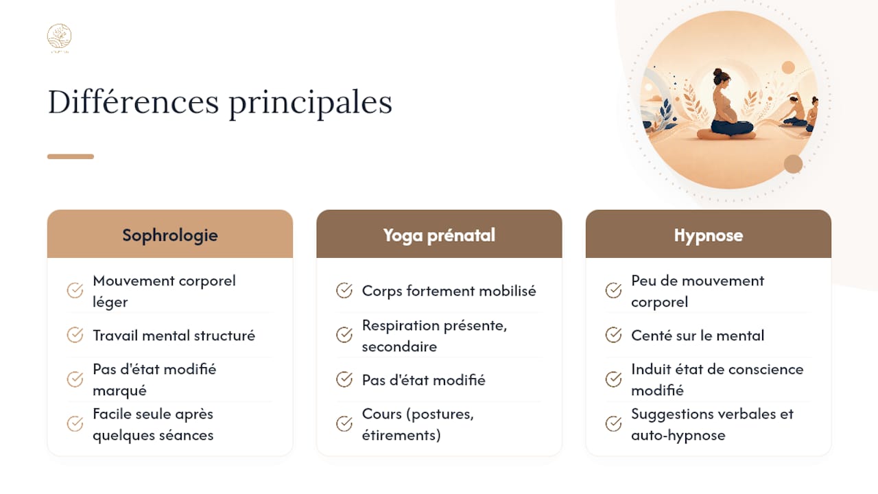 Schéma comparatif de la sophrologie, du yoga prénatal et de l'hypnose