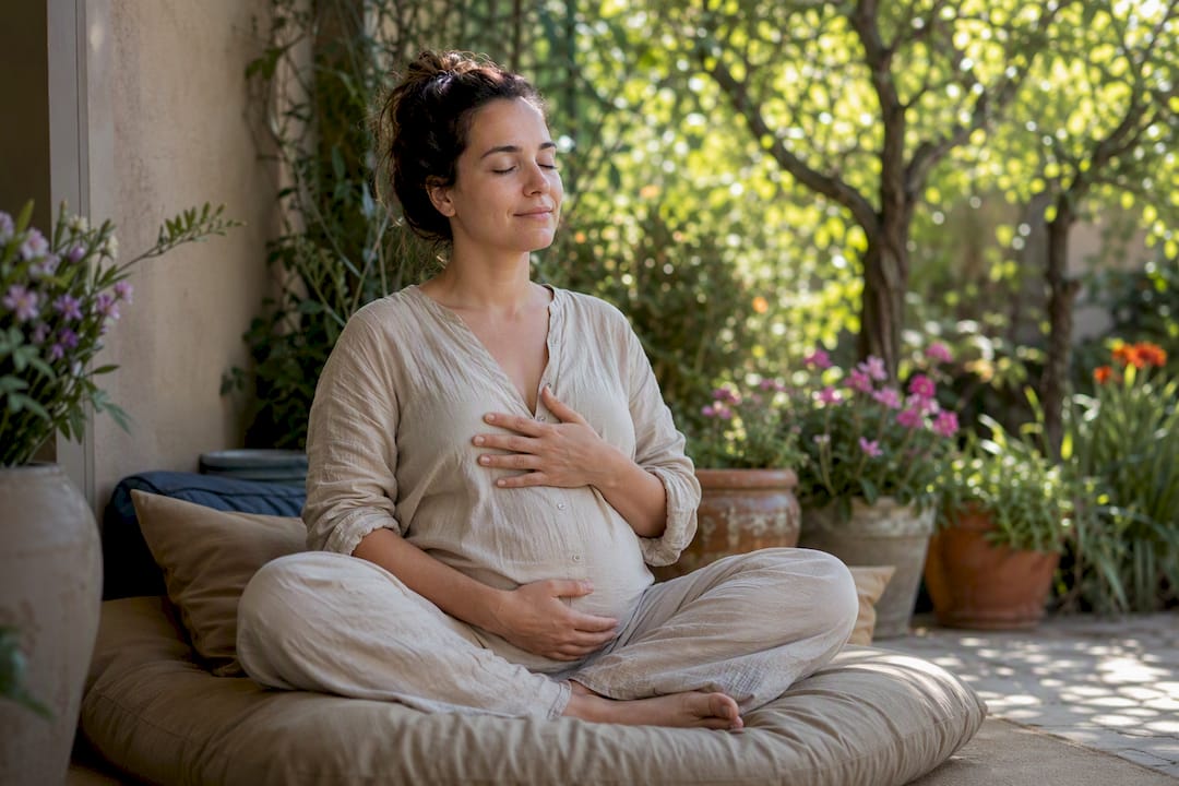 Femme en post-partum pratiquant un exercice de relaxation respiratoire