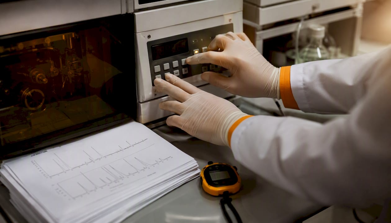 Een paar handen bedient het bedieningspaneel van een HPLC-apparaat.