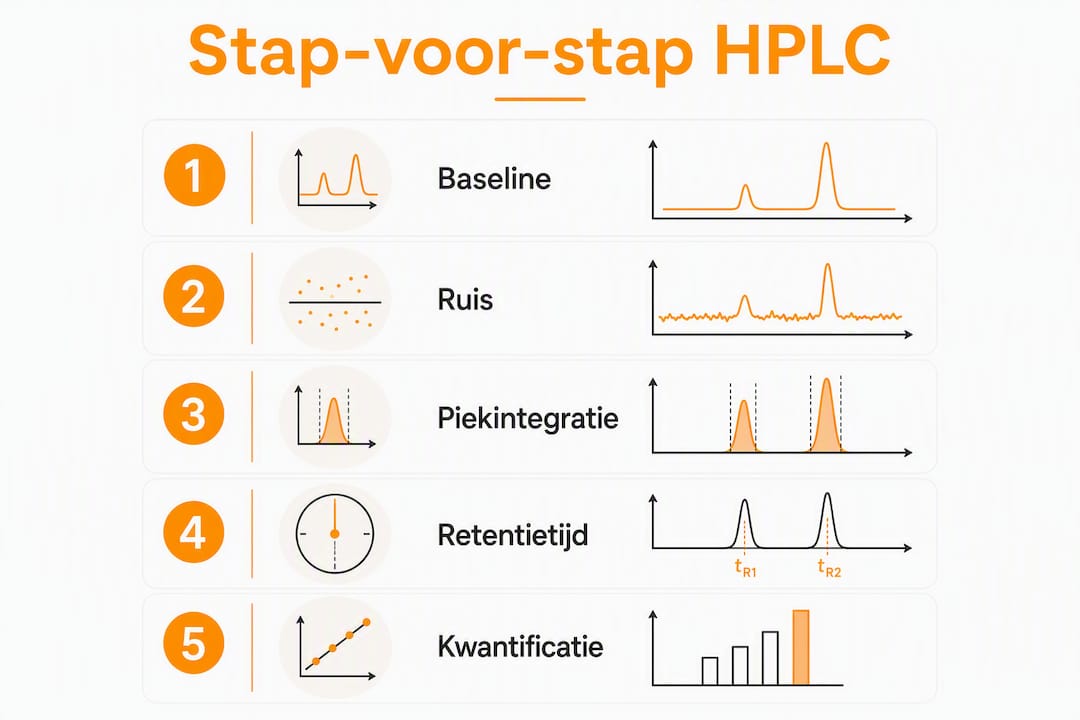 Verticale infographic: de belangrijkste stappen van een HPLC-chromatogram overzichtelijk in beeld