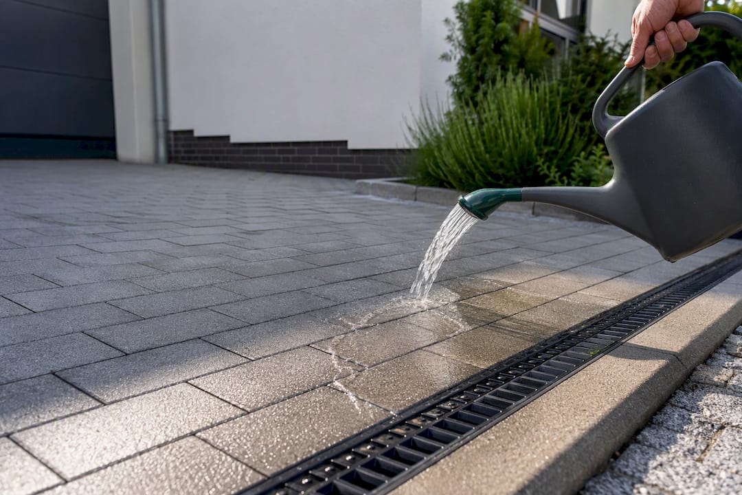 Wassertest an gepflasterter Hofzufahrt