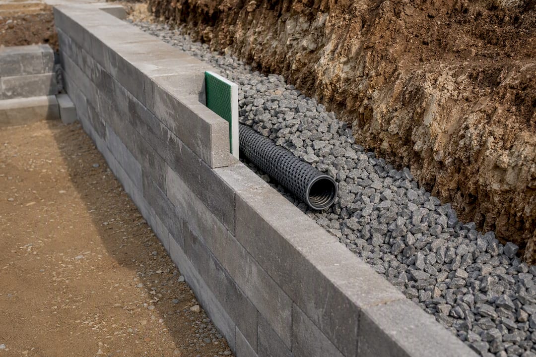 Stützmauer mit sichtbarer Drainage im Hinterfüllbereich