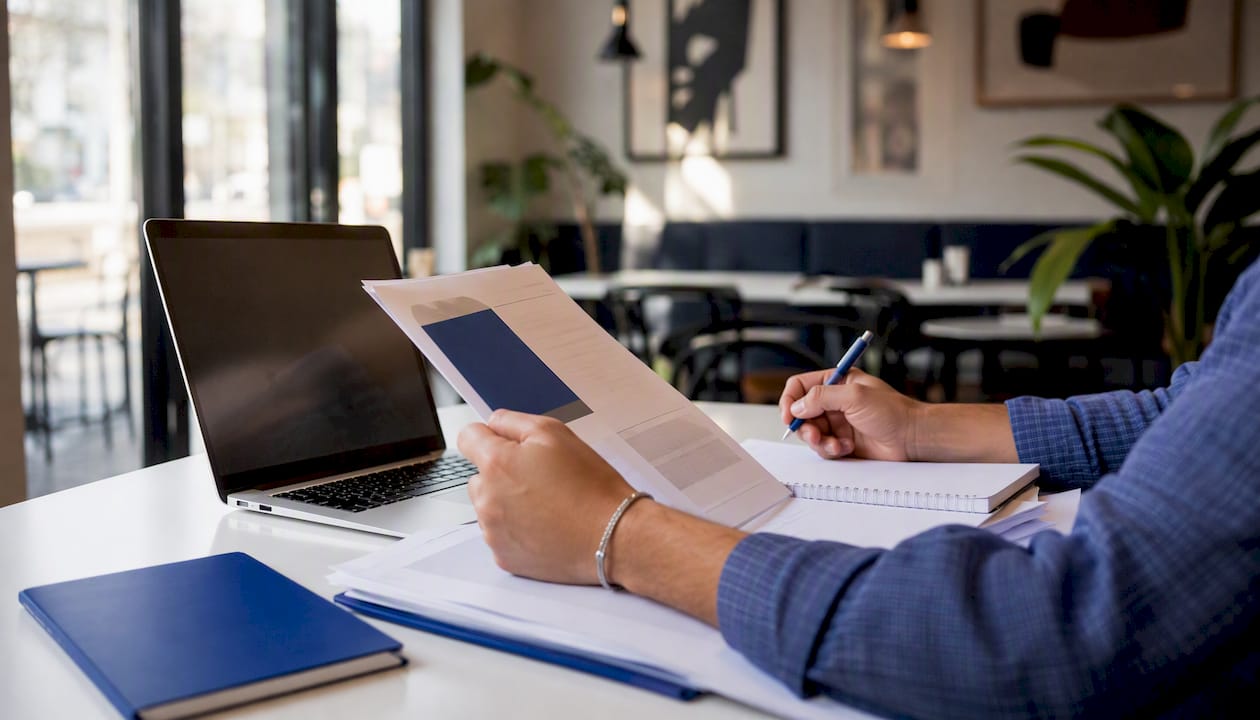 Hands reviewing AI training modules at home desk