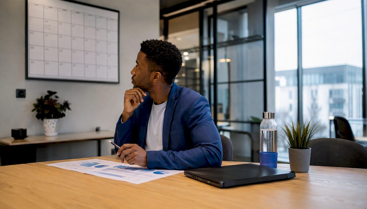 Manager analyzing training ROI reports at office desk
