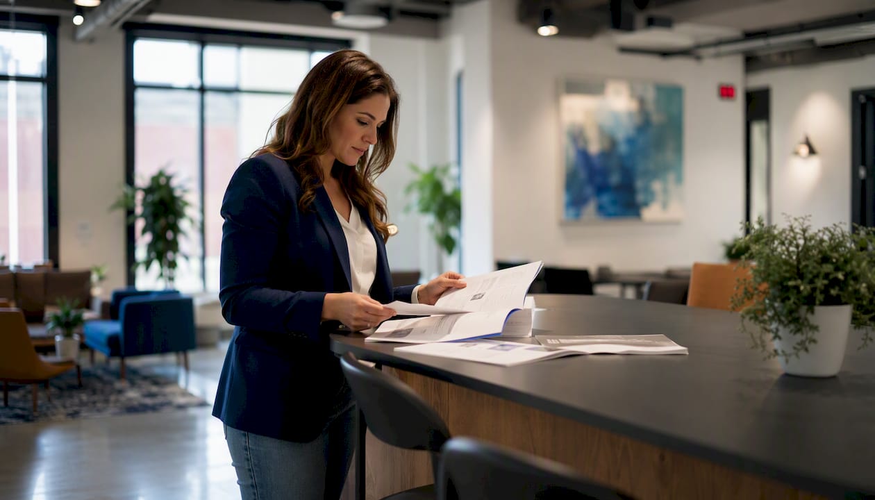 Sales manager reviewing printed training playbook